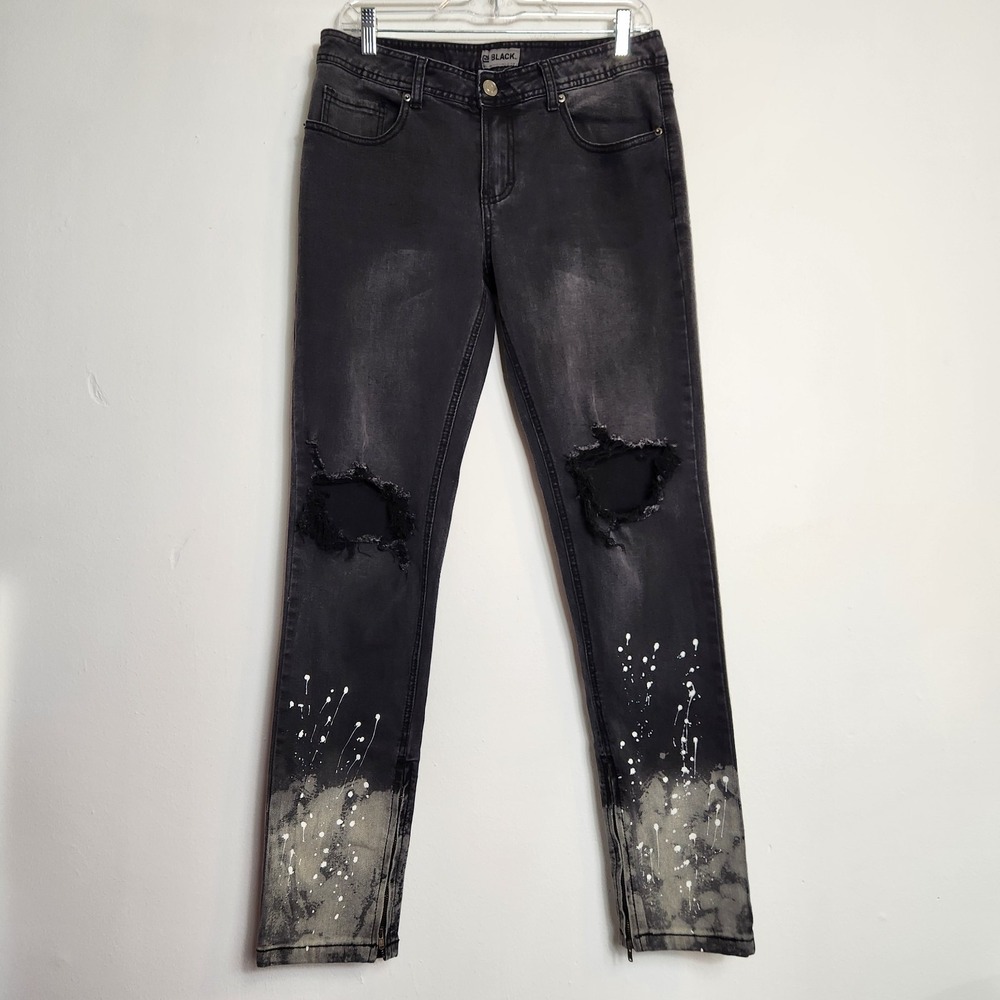 Black Skinny Flex Mens Jeans Sz 30x32 Distressed Paint Splatter Grunge Y2K Punk - Picture 1 of 12